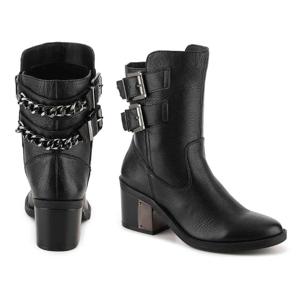 Fergie Wistful Black Leather Moto Bootie Chains